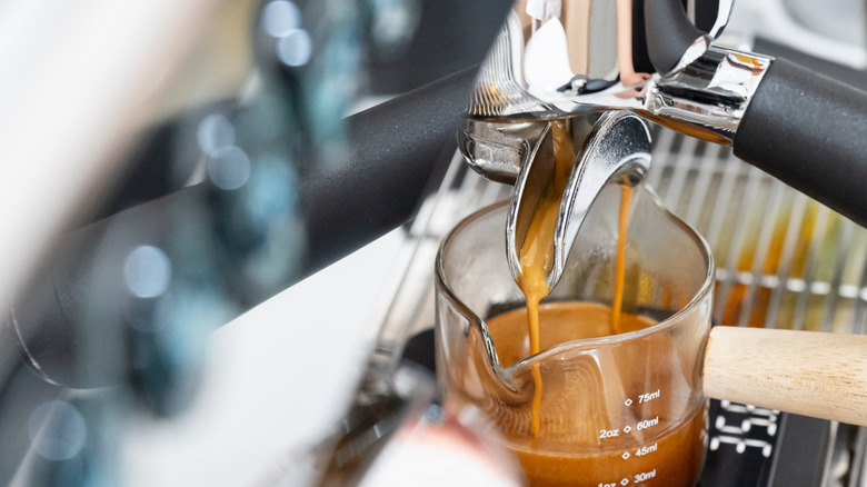 A fresh, creamy espresso shot being pulled from an espresso machine