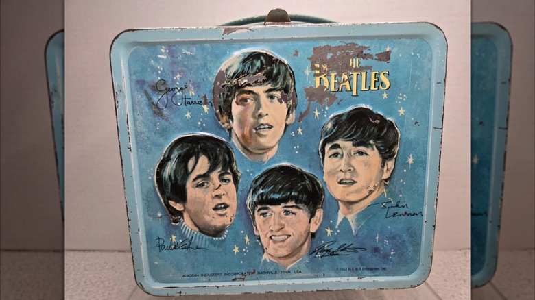 vintage blue Beatles lunch box and thermos
