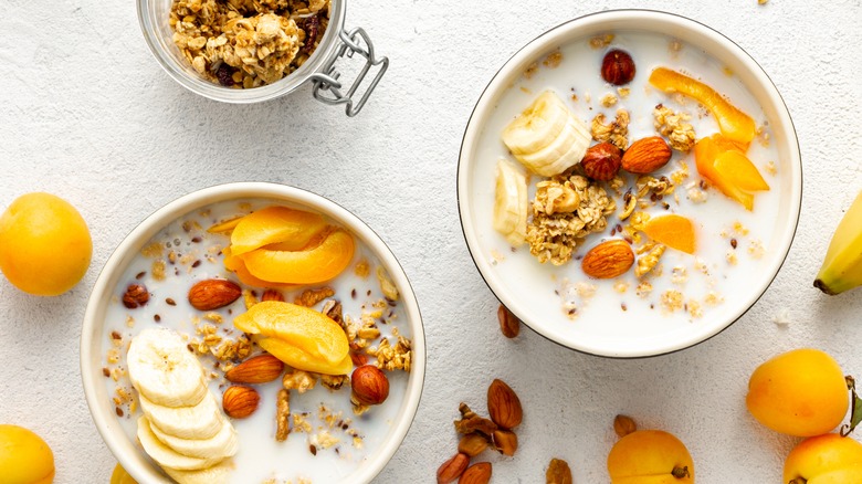 Bowls of milky, fruity oatmeal.