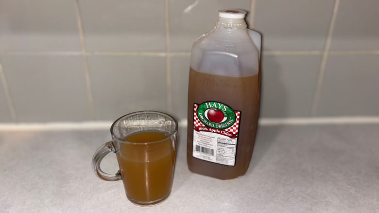 A clear mug 3/4 full of Hays Orchard 100% apple cider next to jug of cider.