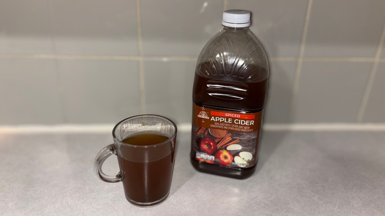 A clear mug 3/4 full of Nature's Nectar spiced apple cider next to bottle of cider.