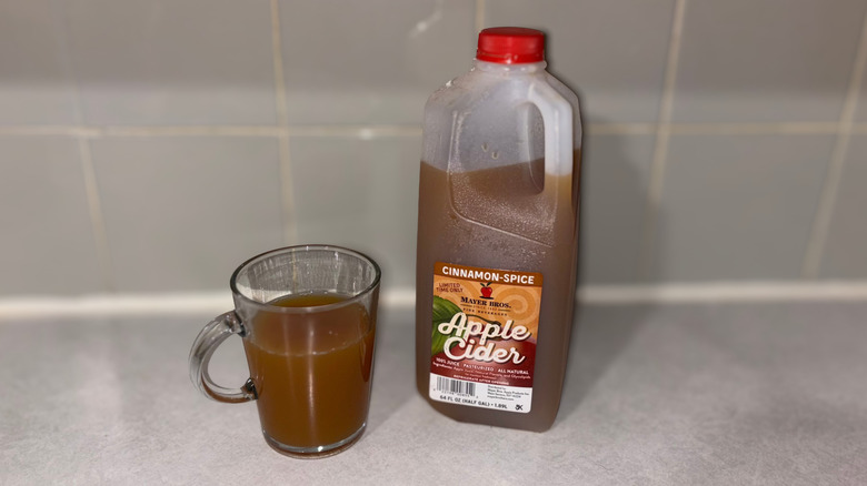 A clear mug 3/4 full of Mayer Bros cinnamon-spice apple cider next to jug of cider.