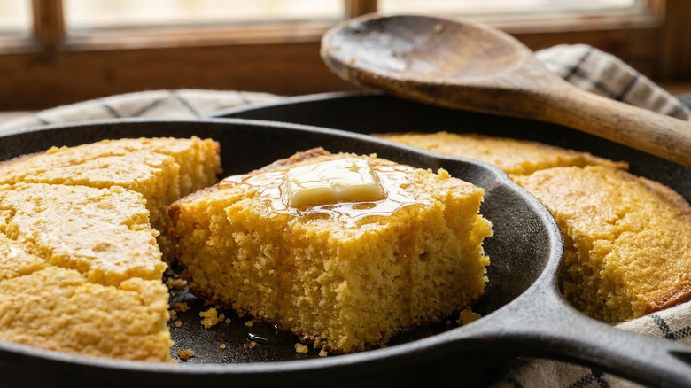 Buttered cornbread in a cast iron skillet next to a wooden spoon
