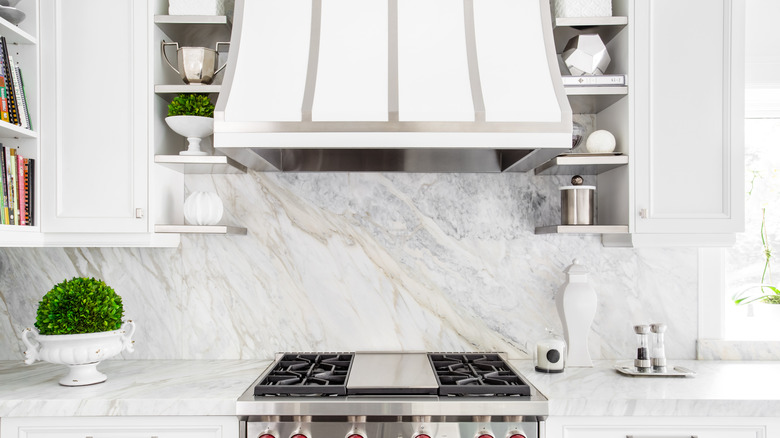 Gas stove and vent hood in a white kitchen