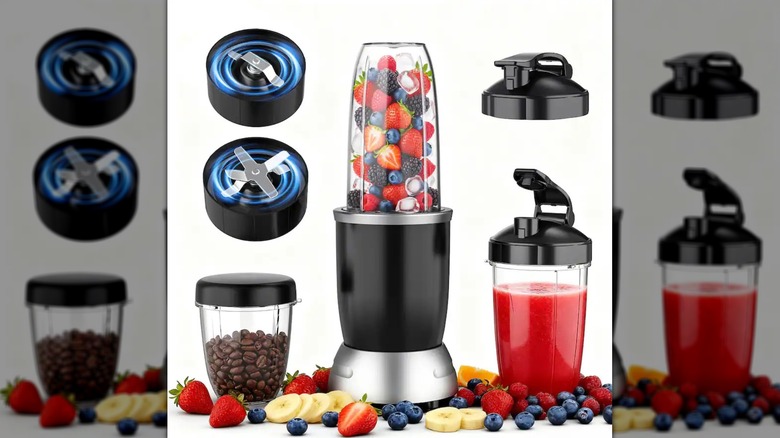 A product image of a blender with fruits inside and, on the side, it shows the accessories that come with it