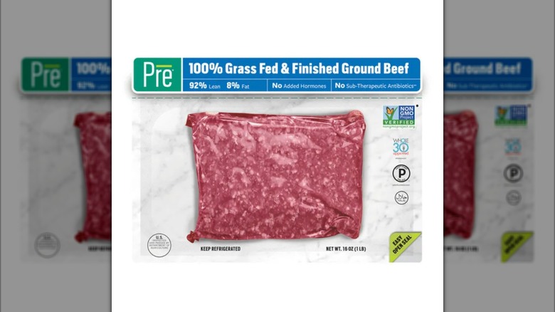 A package of Pre Brands 100% Grass Fed & Finished 92% Lean 8% Fat Ground Beef