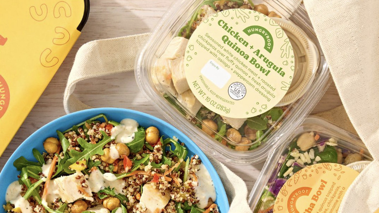 Various salads from Hungryroot in bowls and boxes