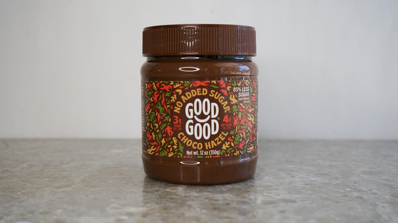 Good Good chocolate hazelnut spread on granite counter
