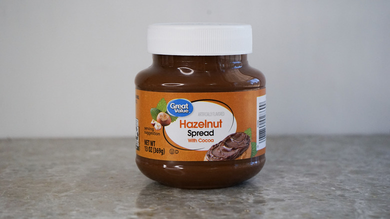 Great Value chocolate hazelnut spread on granite counter