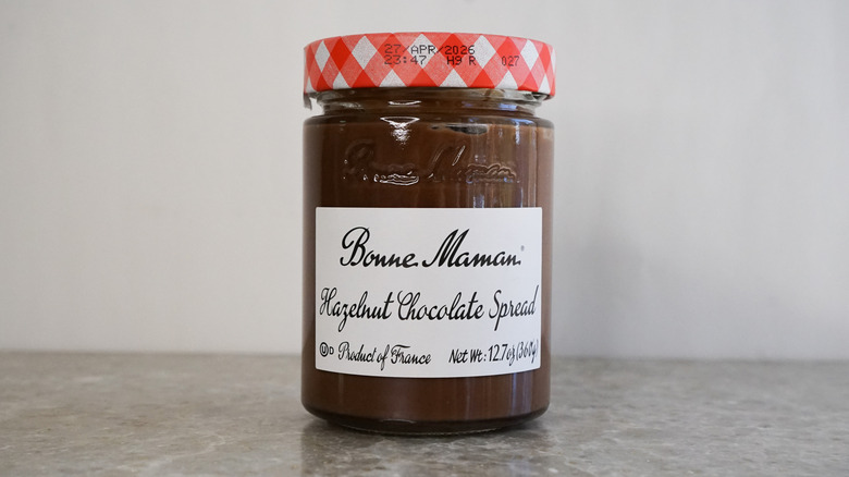 Bonne Maman chocolate hazelnut spread on granite counter