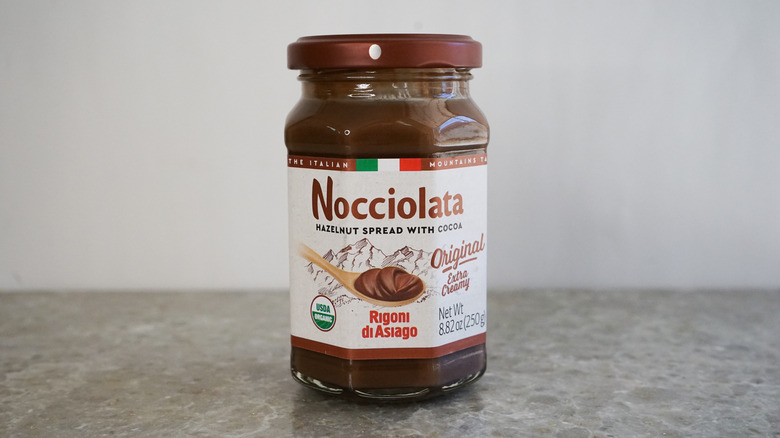 Nocciolata chocolate hazelnut spread on granite counter