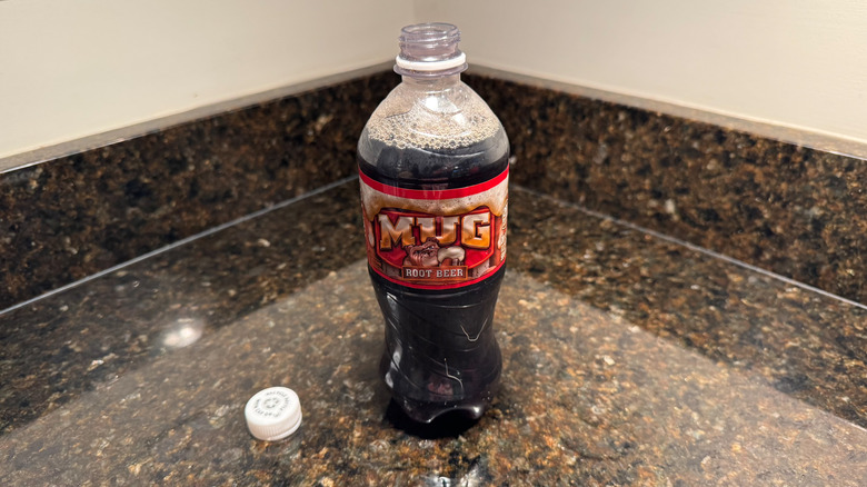 A bottle of Mug root beer on a counter with the cap removed