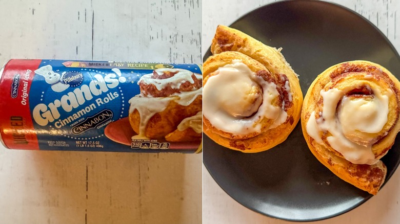 Photos of canned and baked cinnamon rolls side-by-side