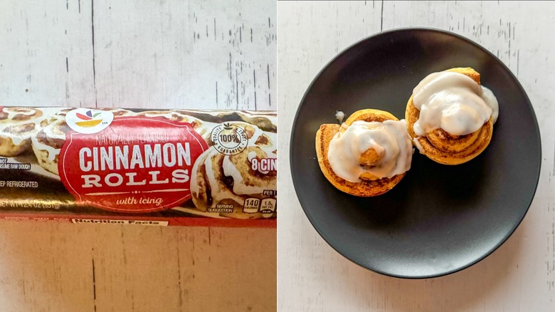 Photos of canned and baked cinnamon rolls side-by-side