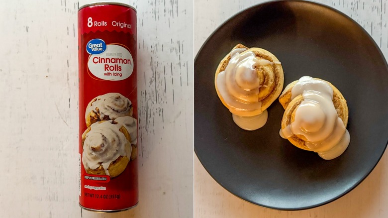 Photos of canned and baked cinnamon rolls side-by-side