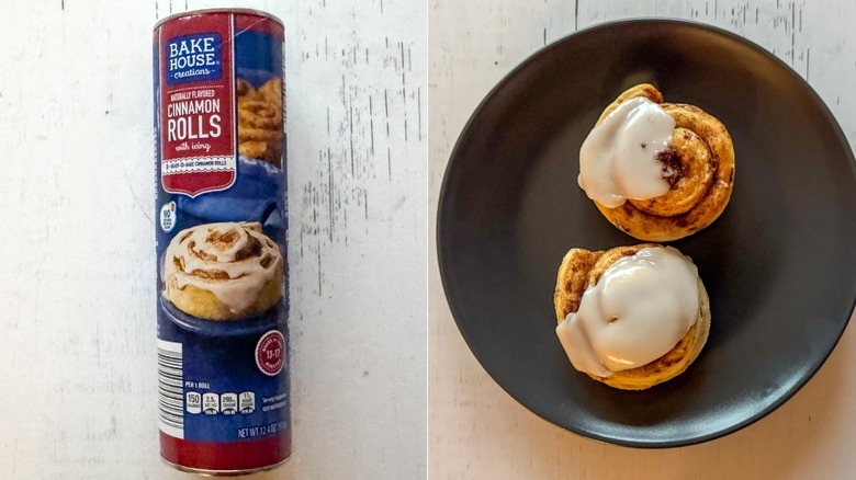 Photos of canned and baked cinnamon rolls side-by-side