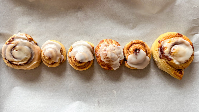 Baked cinnamon rolls on a sheet pan