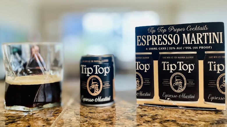 Box, can, and glass of Tip Top Espresso Martini