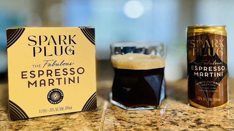 Box, can, and glass of Spark Plug Espresso Martini