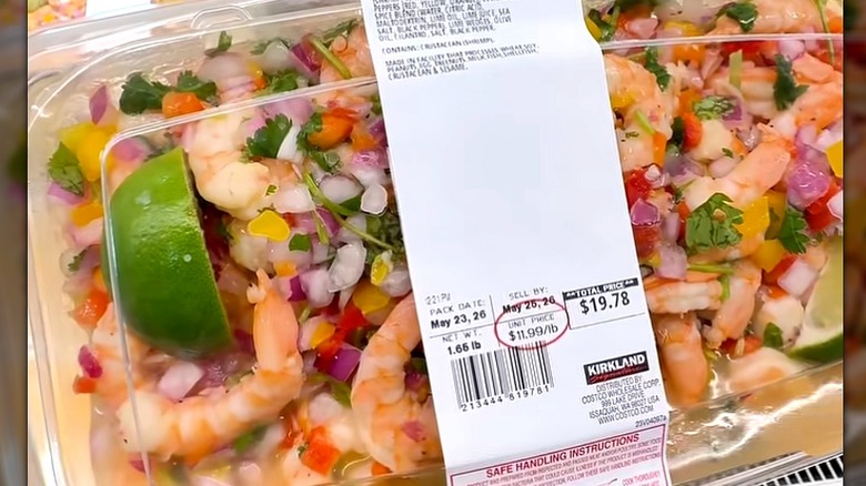 A container of Kirkland Signature shrimp ceviche