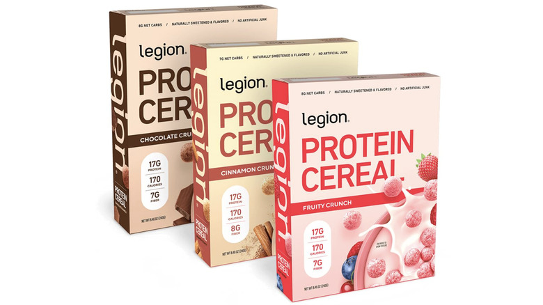 Boxes of Legion Protein Cereal in a line