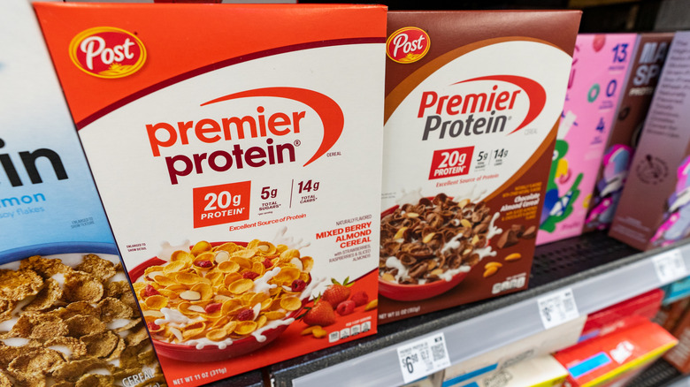 Boxes of Premier Protein at the grocery store