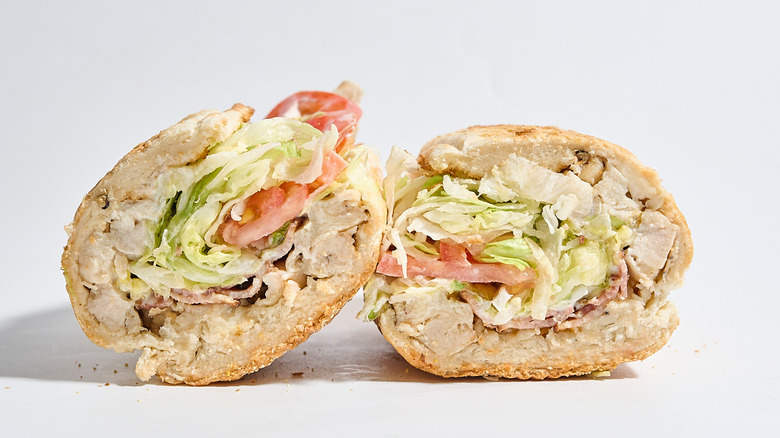 Potbelly's club sub sliced in half on a table.