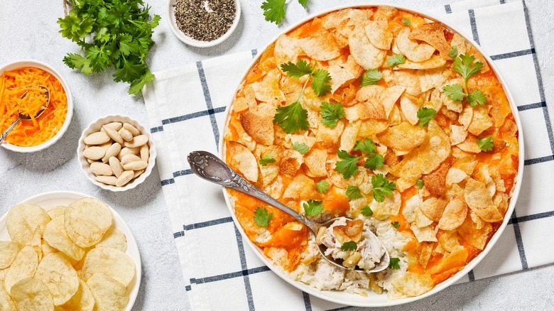 Chicken casserole topped with potato chips