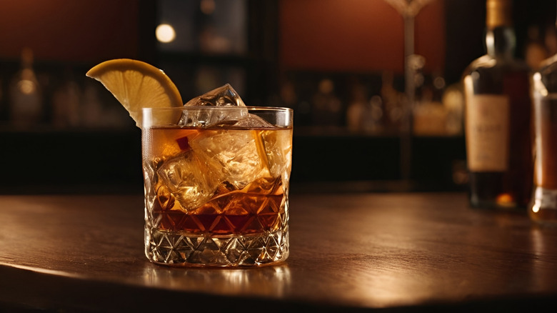 An old fashioned cocktail on a wooden table in dim light.