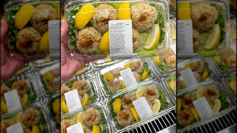 Hand holding package of crab cakes with lemon slices at Costco