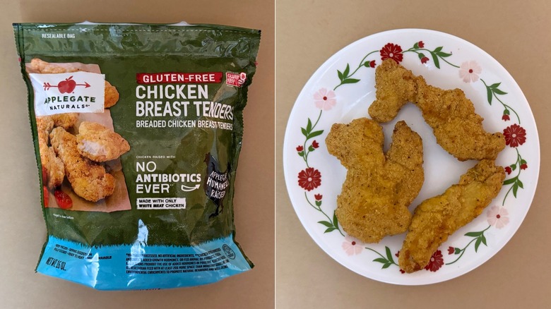 A bag of Applegate Natural Gluten Free Chicken Breast Tenders beside an image of a white plate with three tenders on it