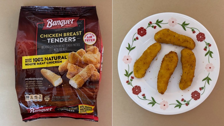 A bag of Banquet Chicken Breast Tenders beside an image of a white plate with four tenders on it.