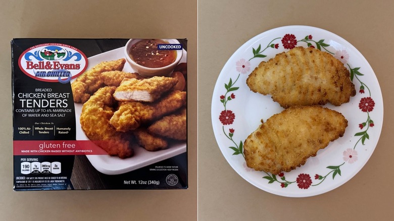 A box of Bell & Evans Breaded Chicken Breast Tenders beside an image of a plate with two tenders on it.