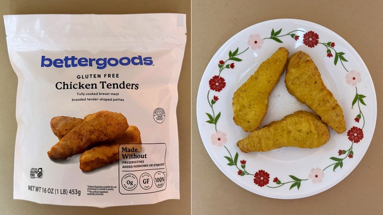 A bag of bettergoods Gluten Free Chicken Tenders beside an image of a white plate with three tenders on it.
