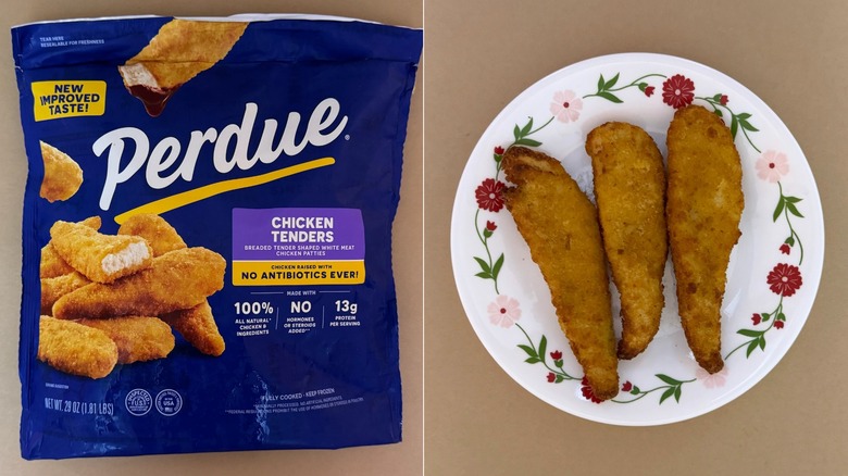 A navy blue bag of Perdue Chicken Tenders beside an image of a white plate with three tenders on it.