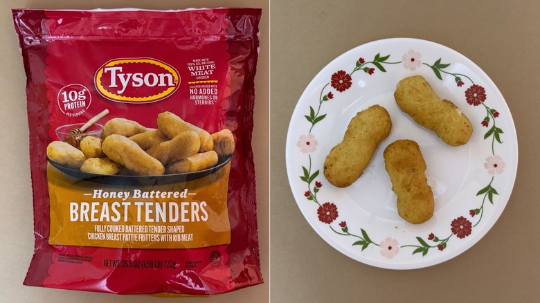A red bag of Tyson Honey Battered Breast Tenders beside an image of a white plate with three tenders on it.