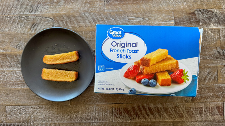 French toast sticks on plate with packaging