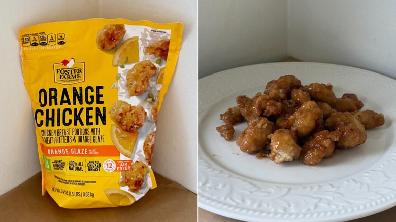 A bag of Foster Farms and a white plate with cooked orange chicken