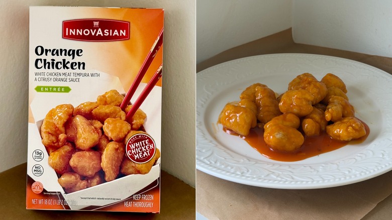A box of InnovAsian orange chicken and a white plate with cooked orange chicken