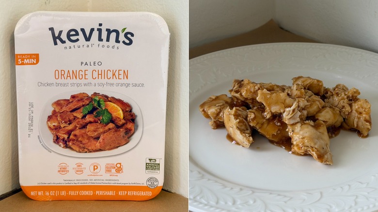 A box of Kevin's Natural Foods Paleo Orange Chicken and a white plate with orange chicken