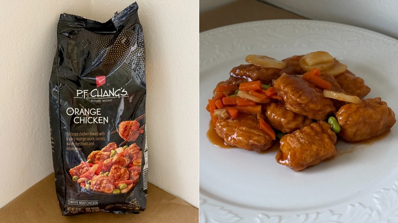 A bag of P.F. Chang's orange chicken and a white plate with cooked orange chicken