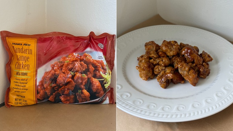 A bag of Trader Joe's Mandarin Orange Chicken and a white plate with cooked orange chicken