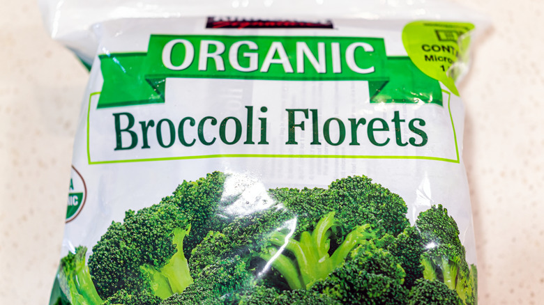 A bag of Kirkland Signature Organic Broccoli Florets
