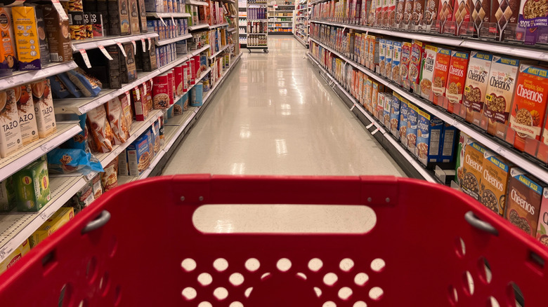 Red shopping cart in the cereal aisle at Target