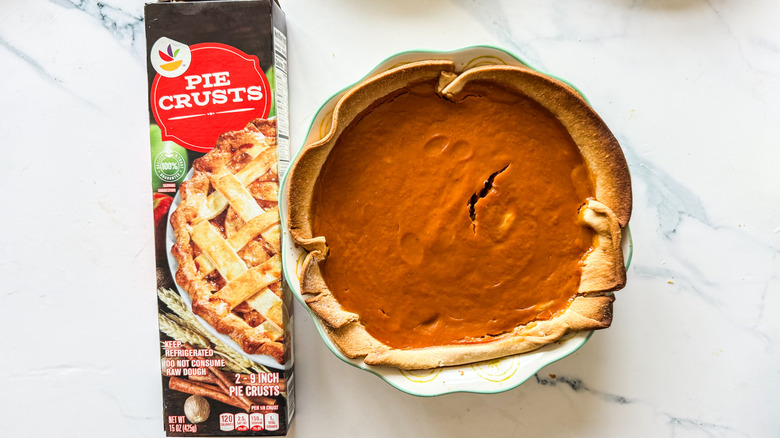 Stop & Shop pie crust packaging beside pumpkin pie