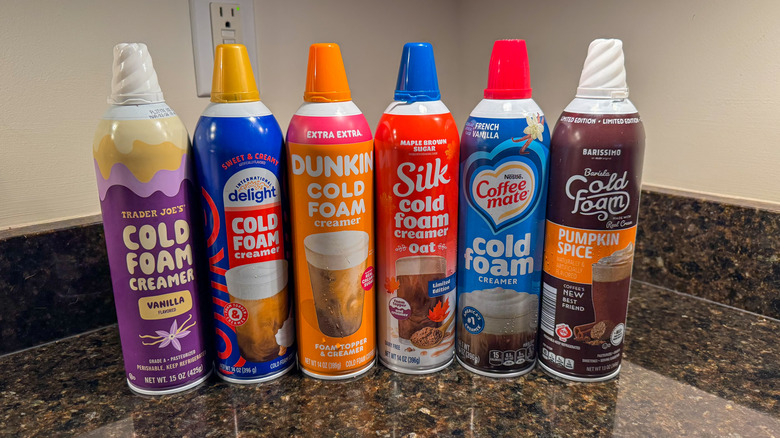Six cold foam brands lined up on a countertop