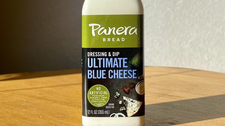 Close-up of label on a bottle of Panera Bread Ultimate Blue Cheese Dressing