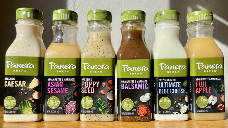 Lineup of various Panera salad dressings