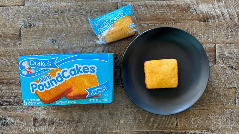 Drake's Mini Pound Cakes on brown wooden surface