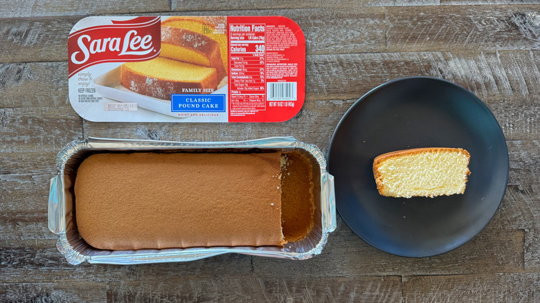 loaf of Sara Lee Classic Pound Cake on wooden surface